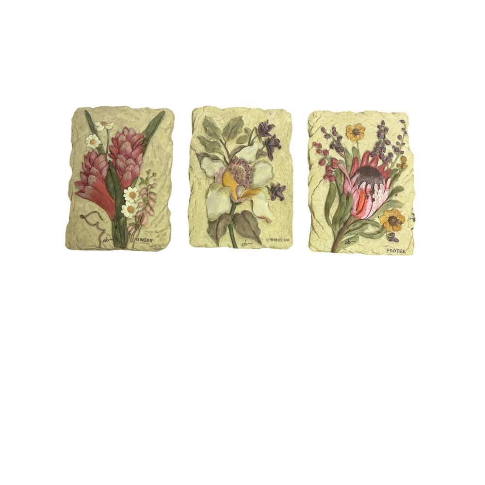 VTG Set of 3 Cheri Blum 3D Art Resin Plaques Hand Painted Floral Tiles